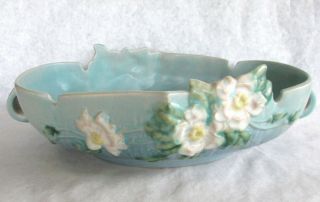 Vintage Roseville Pottery White Rose Console Bowl In Blue - 391 - 10 - 14 " Long