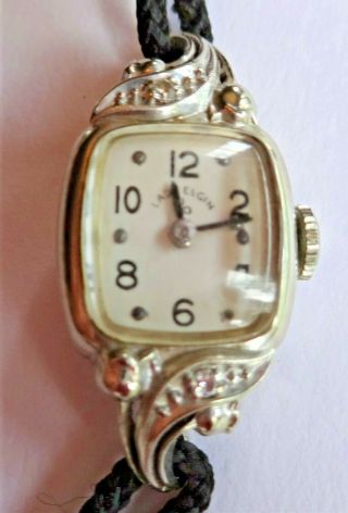 Vintage Elgin Ladies Solid 14kt White Gold Corded Wrist Watch W/ Diamonds