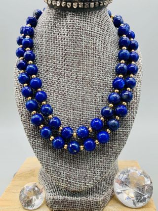 Vintage Lapis Lazuli Bead Necklace With 14k Gold Beads And Clasp 24 " Long