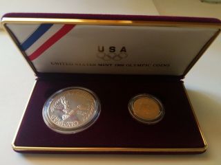 Vtg 1988 United States Olympic 2 Coin Proof Set ($5 Gold,  $1 Silver) W/