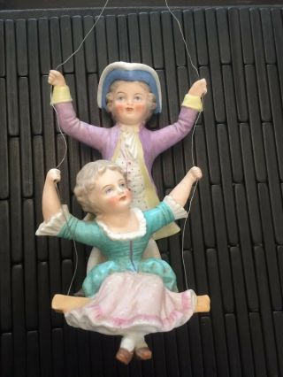 Antique Bisque Girl And Boy On A Swing Figurine Germany? S On Bottom