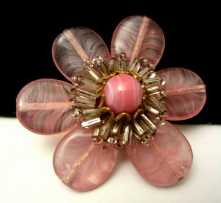 Rare Vintage 1 - 3/4 " Signed Miriam Haskell Pink Art Glass Flower Brooch Pin A13