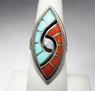 Estate Vintage Amy Quandelacy Zuni Hummingbird Eye Turquoise Coral Ring C110
