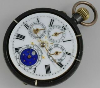 Rare Multi Dial Moon Phase Gun Metal Calendar Pocket Watch Swiss Made c.  1900 10