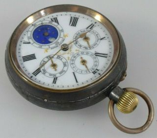 Rare Multi Dial Moon Phase Gun Metal Calendar Pocket Watch Swiss Made c.  1900 3