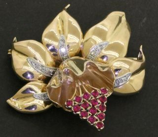Vintage Heavy 14k Gold 1.  33ctw Diamond & Red Gemstone Cluster Flower Brooch