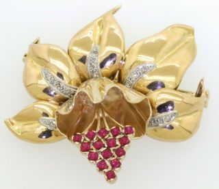 Vintage heavy 14K gold 1.  33CTW diamond & Red gemstone cluster flower brooch 2