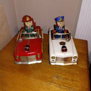 Vintage Tin Battery Operated Police Car & Fire Engine 1960s Tn Nomura