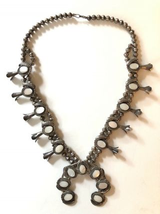 Unique Vintage Navajo Sterling Silver Mother Of Pearl Squash Blossom Necklace