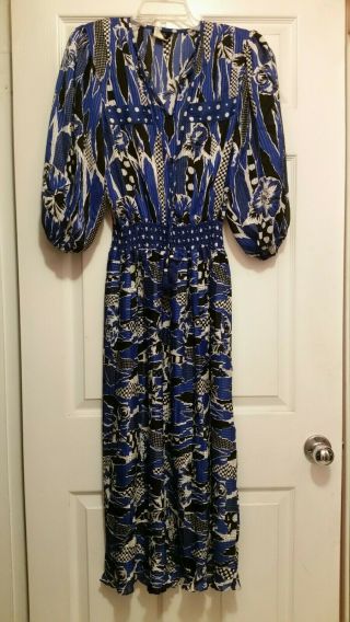 Vintage Diane Freis Blue Black & White Floral Abstract Long Sleeve Dress S/m