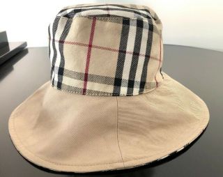 Authentic Burberry London Vintage Check Plaid Bucket Hat Reversible Khaki Cotton
