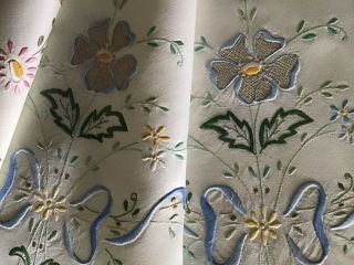 Stunning Vintage Linen Hand Embroidered Madeira Tablecloth Florals/ribbons