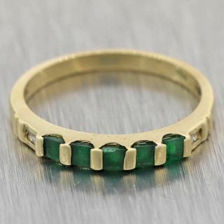 Vintage Estate 14k Yellow Gold Emerald & Diamond Wedding Band Ring