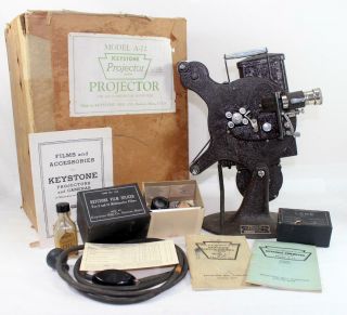 Vintage Keystone Model A - 72 Portable 16mm Film Projector W/ Box & More