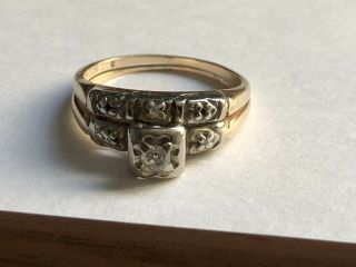 Vintage 14k Yellow Gold Art Deco Diamond Wedding Engagement Band Ring Set