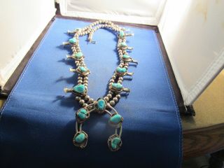 Vintage Sterling Silver Native American Squash Blossom Turquoise Necklace
