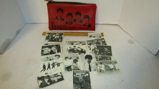 Vintage 1964 Beatles Red Vinyl Pencil Bag And 16 B/w 2nd/3rd Cards