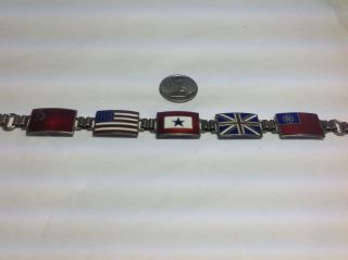 Vintage Wwii Allies Flag Sterling Silver Enameled 7” Long Bracelet