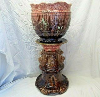 Old Antique Majolica Pottery Planter Jardiniere Pedestal Stand 2 Pc Set Egyptian