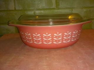 Rare Vintage Pyrex 043 Pink Stems 1.  5 Quart Oblong Casserole Dish W/lid 1 1/2 Qt