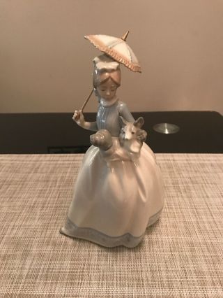 Vintage Lladro Nao Woman W/ Dog & Umbrella Porcelain Figurine 10” Spain Retired