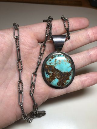 Vintage Old Sterling Silver Chain And Turquoise Pendant Native Navajo Southwest