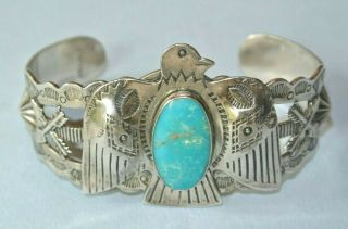Vtg.  Southwestern Navajo Sterling Silver Turquoise Thunderbird Cuff Bracelet Nos