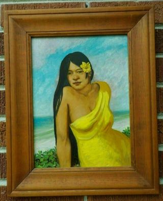 Vintage Tropical Hawaiian Woman In Yellow Ocean Oil Painting Framed C1970 - 80s