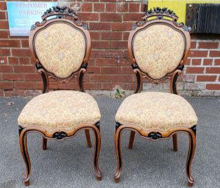 Pair Antique 19th C.  Satinwood & Ebony Carved Victorian Parlour Chairs C.  1880