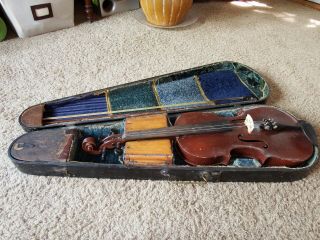 Antique Fiddle With Bow And Vintage Coffin Case,  Very Cool