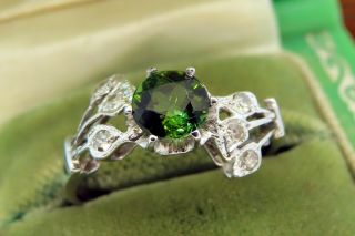 Vintage Palladium Art Deco Antique Green Tourmaline Diamond Engagement Ring