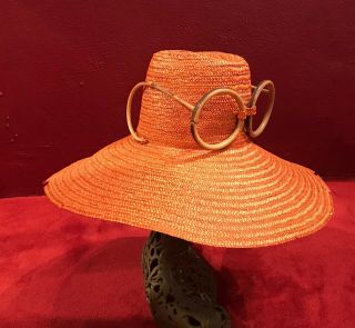 Straw Hat Vintage 60’s Made In Italy For Harzfeld’s Wide Brim Orange 70’s