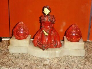 Art Deco Rare Lamp With Woman In The Red On Alabaster Base.