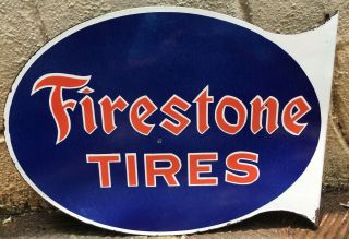 Vintage " Firestone Tires " Porcelain Enamel Double - Sided Sign Flange 21.  5 " X16 " X2 "