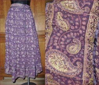 Vtg 70s India Gauze Cotton Metallic Block Print Ethnic Gypsy Festival Maxi Skirt