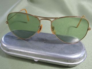 Wwii Vtg B&l Aviator Sunglasses 1/10 12k Gold Filled Green Lens Aluminum Case
