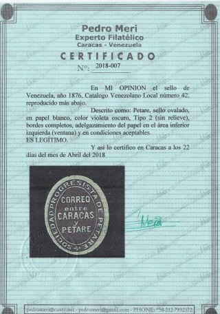 Caracas y Petare,  Local Post 1876,  Venezuela,  and RARE,  Certificate 2