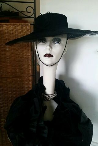 Vintage Women’s Stetson Hat 50s Platter Cut Out Brim Blk Felt Rare Chin Strap