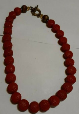 Rare Antique Vintage Chinese Carved Red Cinnabar Shou Big Bead Necklace