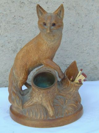 Antique Black Forest Swiss Carved Wood Fox Match Striker Holder Glass Eyes