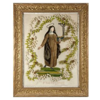 Antique French Silk Embroidery,  Chenille Work,  A Nun,  Sainte - Francoise,  Crucifix