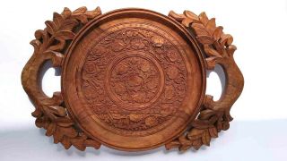 Vintage Ornate Hand Wood Carved Floral Service Tray Brown Handles Round Antique
