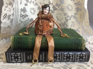 Antique German Porcelain China Pin Cushion Keep Half Doll Flapper Lady In Velvet