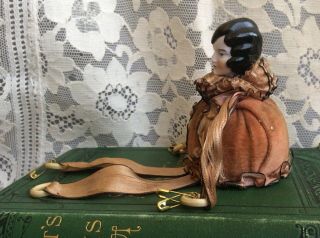 Antique German Porcelain China Pin Cushion Keep Half Doll Flapper Lady In Velvet 7