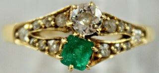 Antique Emerald & Old Mine Cut Diamond Ring Victorian 18k Yellow Gold 1800s