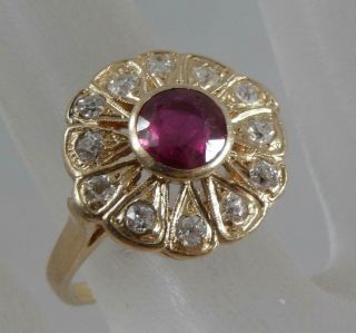 Antique 14 Karat Yellow Gold Ruby & Diamond Cocktail Ring Size 6 14k F0865