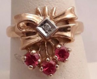 Vintage Estate 14k Yellow Gold Ruby & Diamond Bow Shape Ring Size 6.  5