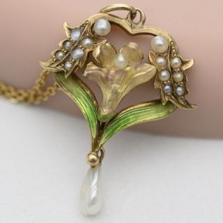 Antique Art Nouveau 10k Gold Enamel Flower Seed Pearl Lavaliere Pendant Necklace