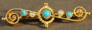 Rare Victorian Solid 14k Gold,  Turquoise & Seed Pearl Etruscan Estate Pin Brooch