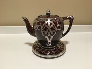 Vtg Teapot,  Trivet With Sterling Silver Overlay